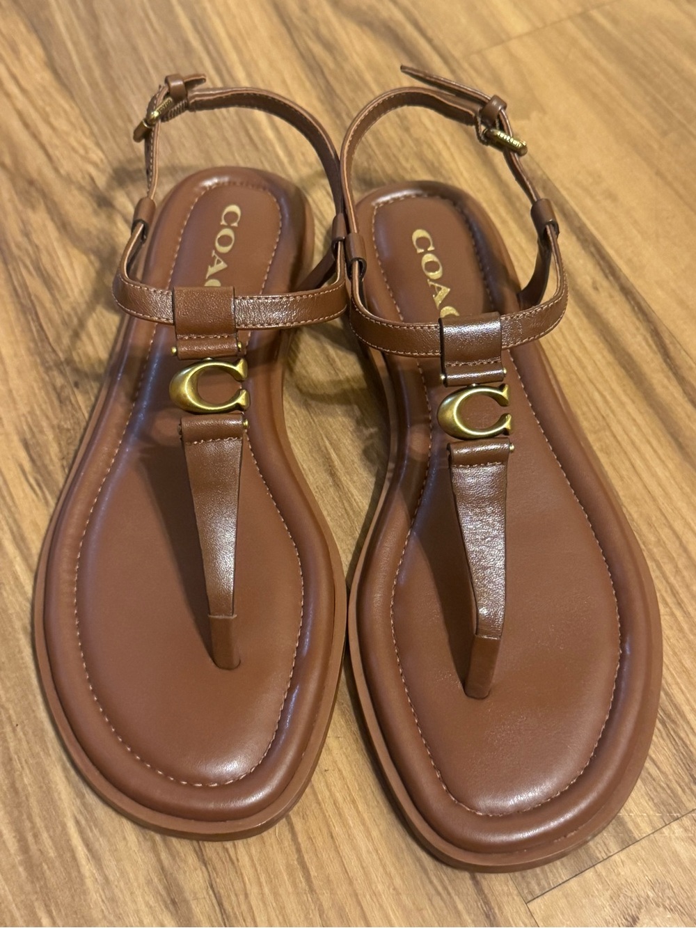 COACH Women's Brown Leather T-Strap Sandals
